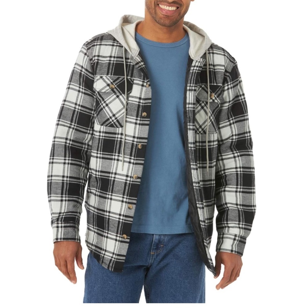 Wrangler Authentics Men's Long Sleeve Quilted Lined Flannel Jacket with Hood